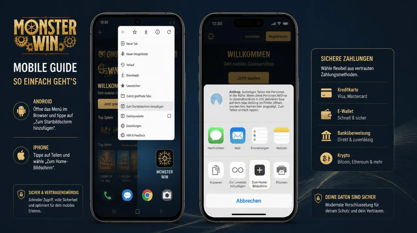 Smartphone mit Casino-Web-App-Icon und geöffneter Einzahlung auf Android und iPhone