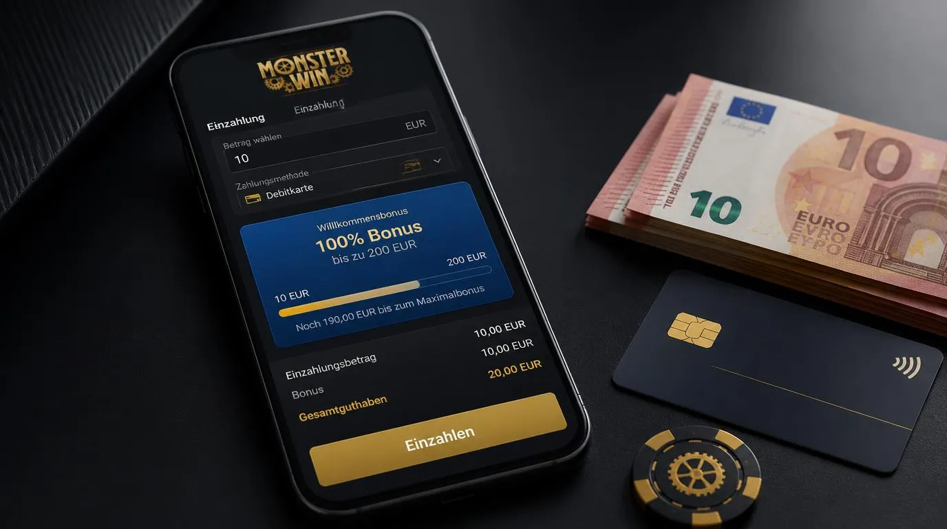 Casino-Bonusansicht mit erster Einzahlung von 10 Euro und verdoppeltem Guthaben bis 200 Euro