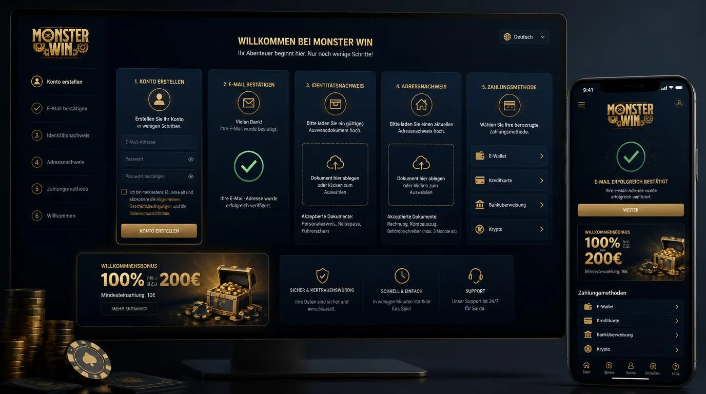 Casino-Konto mit Verifizierungsformular, Ausweisdokument und Auswahl für erste Einzahlung