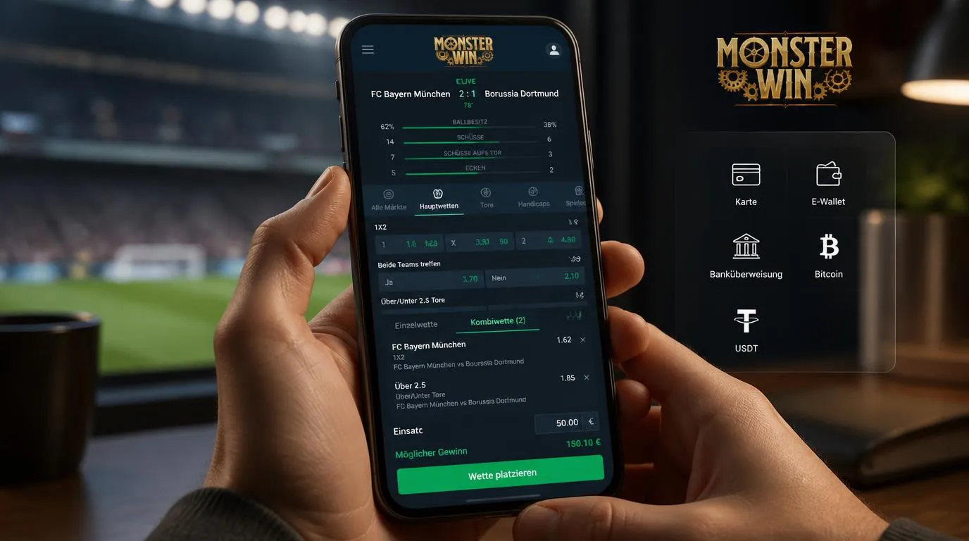 Live-Wettschein mit Fußballquoten, Einsatzfeld und verfügbaren Zahlungsmethoden auf einem Smartphone