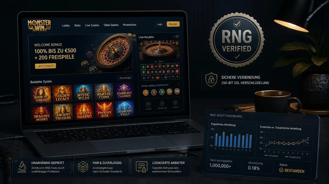 Digitale Casino-Spieloberfläche mit RNG-Prüfsiegel, Slot-Spiel und Sicherheitsanzeige auf einem Laptop