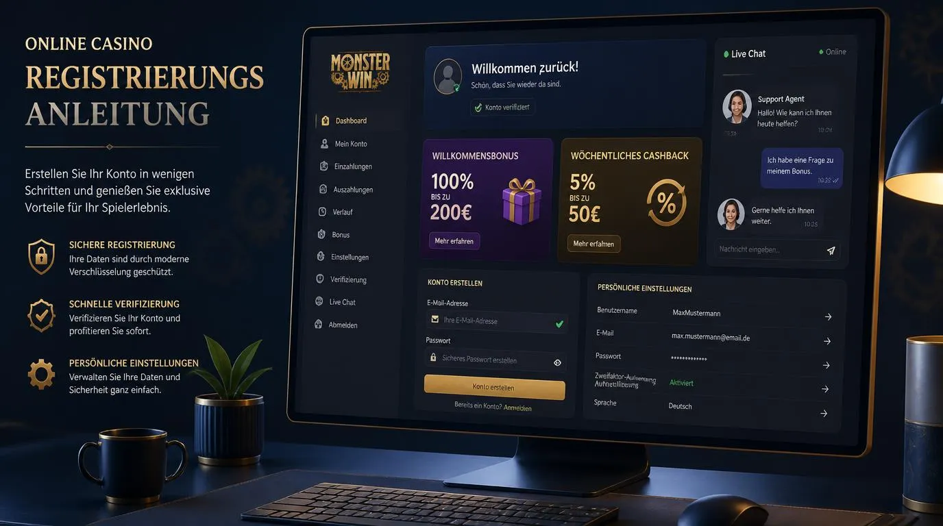 Übersicht eines Casino-Kontos mit Bonusbereich, Cashback-Hinweis und geöffnetem Live-Chat
