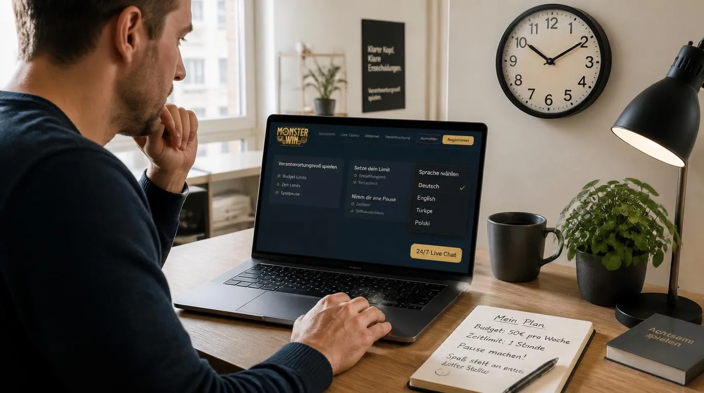 Erwachsener Nutzer plant eine Spielpause neben einem Laptop mit mehrsprachigem Live-Chat
