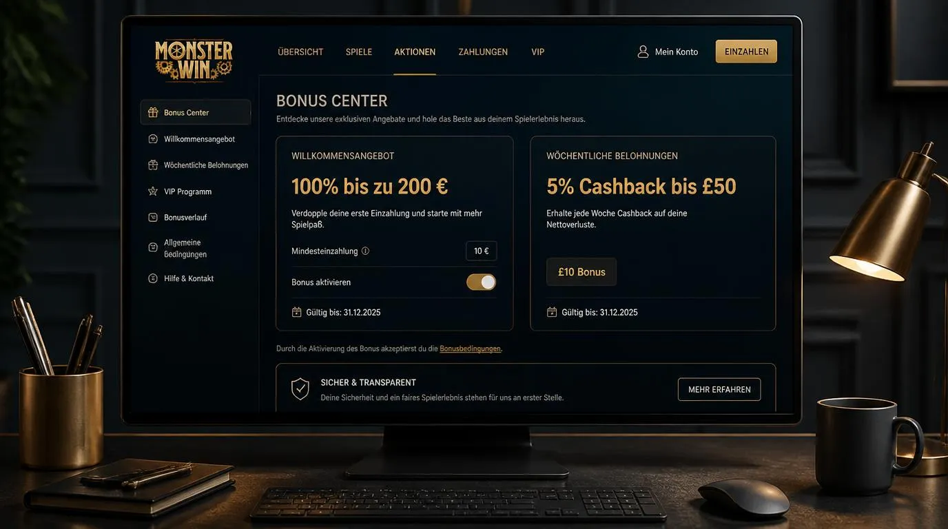 Casino-Bonusbereich mit Willkommensangebot, Mindesteinzahlung und aktivierter wöchentlicher Cashback-Aktion