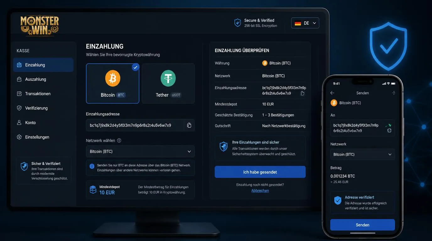 Krypto-Einzahlung mit Bitcoin und Tether, Wallet-Adresse und ausgewähltem Blockchain-Netzwerk
