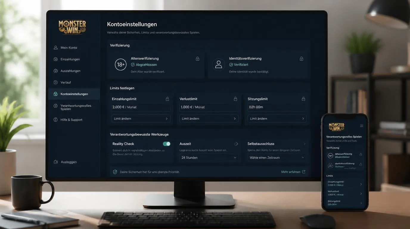 Kontoseite mit Altersbestätigung sowie Einstellungen für Einzahlungs-, Verlust- und Sitzungslimits