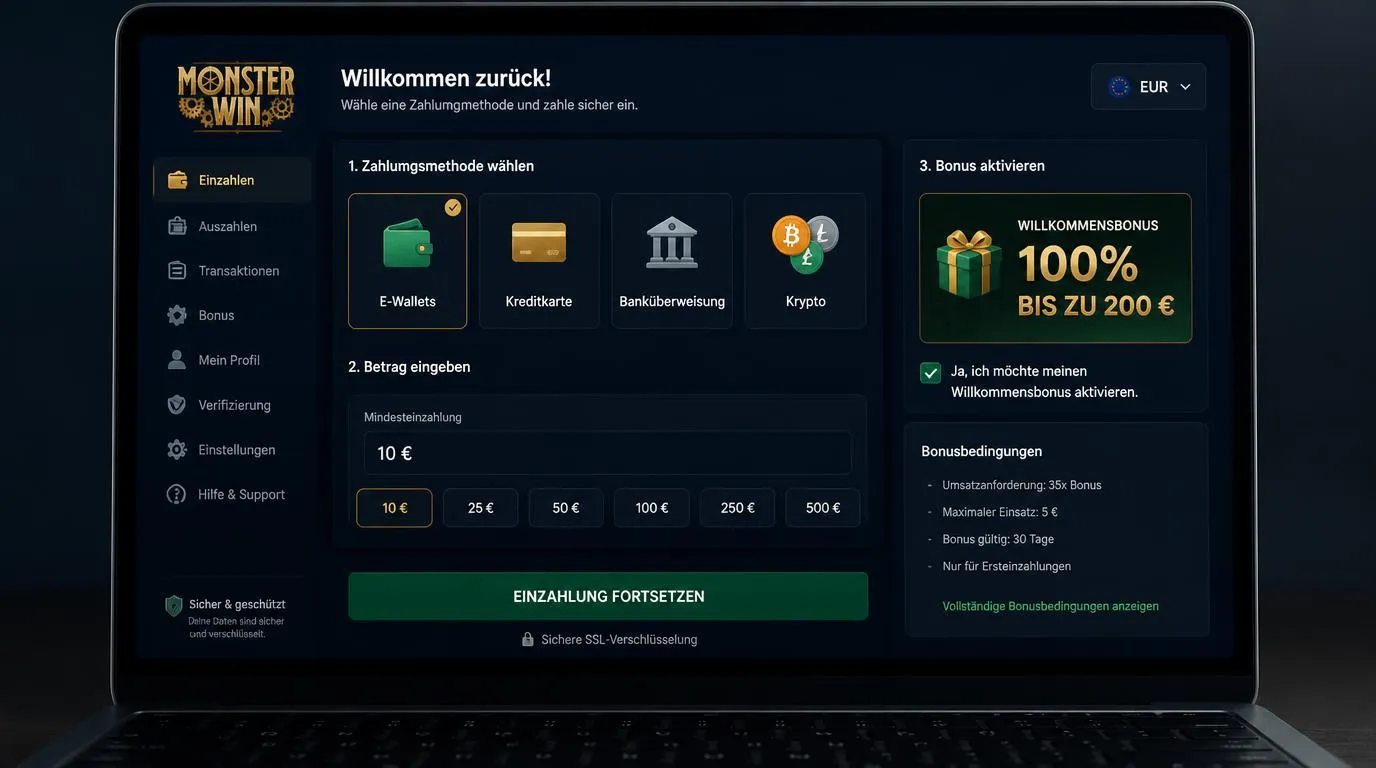 Casino-Kassenbereich mit ausgewähltem Willkommensbonus, Einzahlung und verschiedenen Zahlungsarten