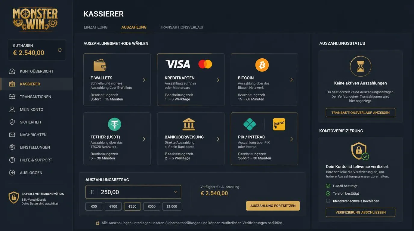 Casino-Kassenansicht mit E-Wallet, Karte, Kryptowährung und Banküberweisung für Ein- und Auszahlungen